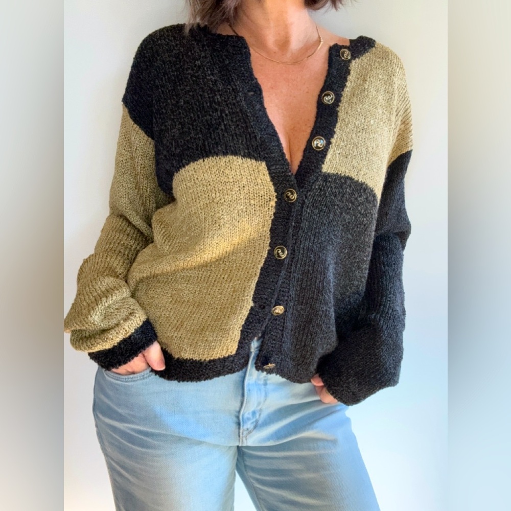 Vintage South Cotton Black & Tan w/Gold Buttons Viscose Cardigan Sweater